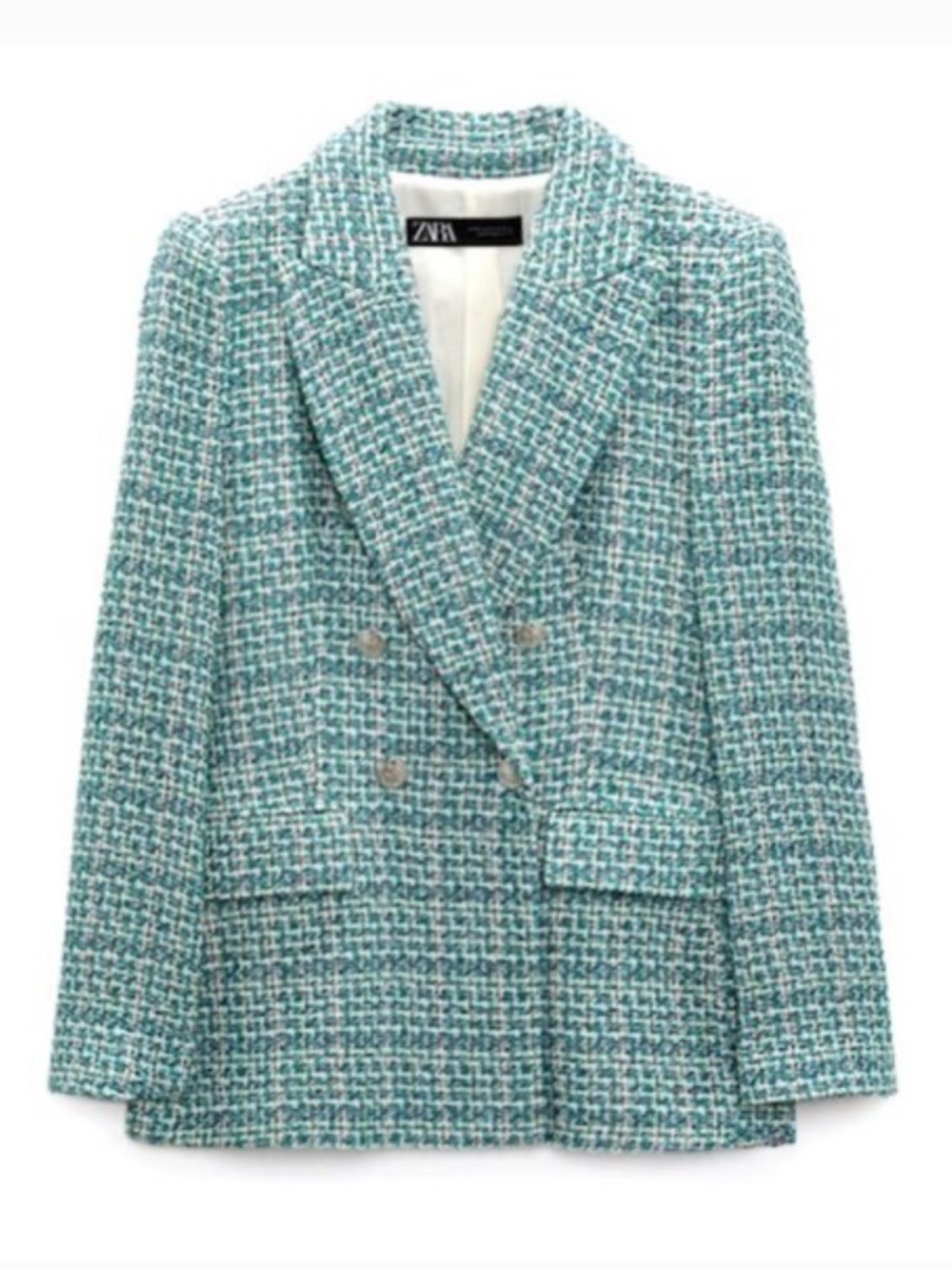 Zara Teal Tweed Double-Breasted Blazer